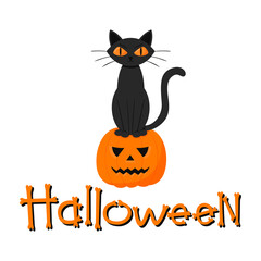 Wall Mural - Creepy cat is sitting on a pumpkin lantern. A postcard with the lettering phrase Halloween. Flat vector illustration isolated on a white background.