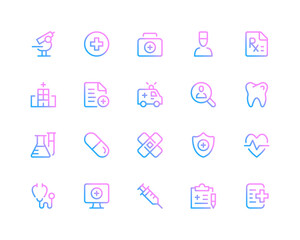 Poster - Medical line icons. Healthcare concepts, medicine pictograms. Set of modern outline symbols collection. Minimal thin line design. Trendy gradient style graphic elements. Vector line icons set
