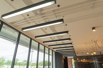 Poster - Modern simple and ceiling lamp decoration in meeting room. Lighting strips. Office building. Interior design.