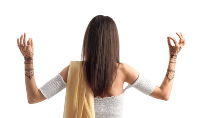 Beautiful Indian woman with henna tattoo on white background