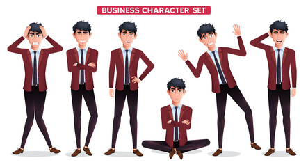 Wall Mural - Businessman character vector set. Business man boss employee characters standing with smiling and angry expressions isolated in white background for employee collection design. Vector illustration.
