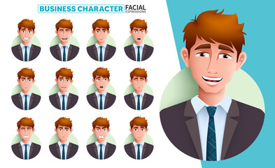 Businessman facial expressions vector set. Business man character in smiling, laughing, serious and angry face emotions for male employee mood and reaction design. Vector illustration.
