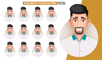 Poster - Business man facial expressions vector set. Businessman character in smiling, happy, serious and angry face reactions for male employee emotion collection design. Vector illustration.
