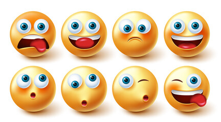 Poster - Emoji character vector set. Smiley emoticon cute, funny and happy yellow icon collection isolated in white background for graphic design elements. Vector illustration.
