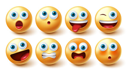 Poster - Emojis face vector set. Smileys emoji icon collection in isolated in white background for graphic design elements. Vector illustration.
