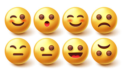 Emoji smileys characters vector set. Emoticon 3d character design in happy and sad face collection isolated in white background for smiley emojis graphic expression. Vector illustration.
