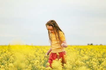 Wall Mural - Pretty long haired girl playing in vibrant canola field in full bloom