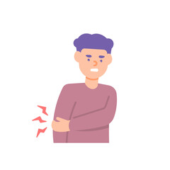 illustration of a man or boy feeling pain in the right arm. broken hands, elbow pain, arthritis, muscle pain, cramps, tingling. health problems in the body. flat cartoon style. vector design