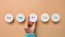 Paper Circles With Inscriptions Of Vitamins And Macronutrients. Choosing Zinc From Other Useful Substances