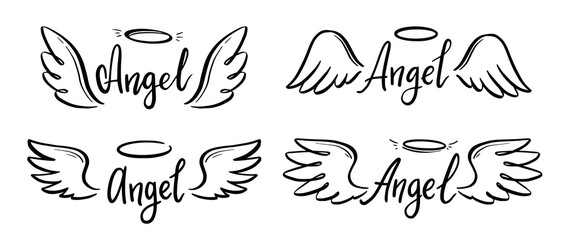 Wall Mural - Angel wing with halo and angel lettering text set. Hand drawn line sketch style wing. Simple vector illustration.