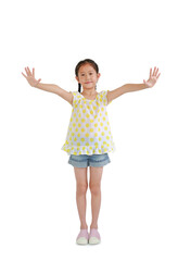 Wall Mural - Portrait of young Asian girl kid in casual with arms open isolated on white background. Image full length with Clipping path.