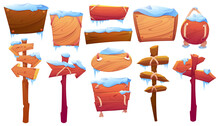 Wooden Signboards Covered By Snow, Planks And Pointers On Post At Winter. Vector Cartoon Set Of Old Wood Panels, Frozen Timber Boards And Direction Signs With Icicles Isolated On White Background