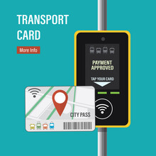 Terminal For Contactless Payment Of Public Transport Fares. City Pass, Transport Card. Tourist Ticket. Plastic Or Paper Card For Using On Various City Transport.