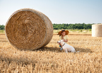 Little girl and dog having fun in a wheat field on a summer day.