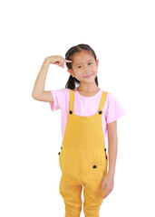 Wall Mural - Portrait of Asian little girl child pointing forefinger to head and looking beside isolated over white background