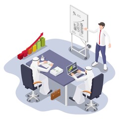 Aufkleber - Saudi Arabian businessmen meeting, flat vector isometric illustration. Business presentation.