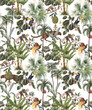 Beautiful seamless tropical floral pattern with hand drawn watercolor exotic jungle palm trees and animals. Toucan monkey and paradise bird. Stock illustration.