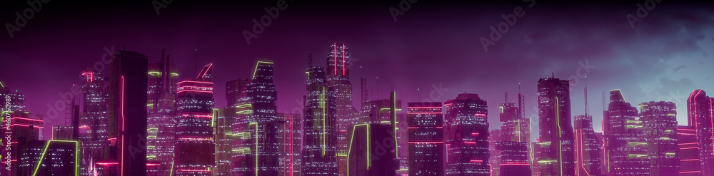 Futuristic Cityscape with Pink and Yellow Neon lights. Night scene with ...