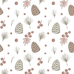 Christmas floral seamless patter with conifer cones and berries. Hand drawn vector illustration