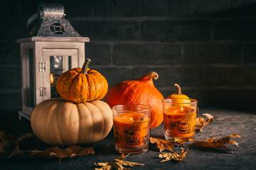 Sticker - Still life for Thanksgiving with pumpkins, lantern and autumn leaves