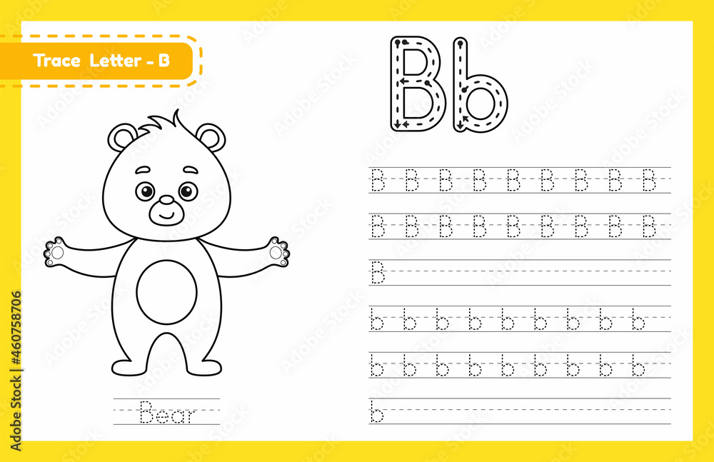 Vetor Trace letter B uppercase and lowercase. Alphabet tracing practice ...