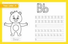 Trace Letter B Uppercase And Lowercase. Alphabet Tracing Practice Preschool Worksheet For Kids Learning English With Cute Cartoon Animal. Coloring Book For Pre K, Kindergarten. Vector Illustration