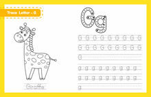 Trace Letter G Uppercase And Lowercase. Alphabet Tracing Practice Preschool Worksheet For Kids Learning English With Cute Cartoon Animal. Coloring Book For Pre K, Kindergarten. Vector Illustration