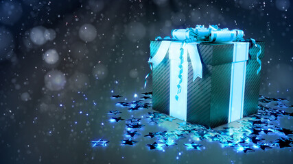 Poster - cyber monday giveaway - blue present box on dark background - object 3D illustration