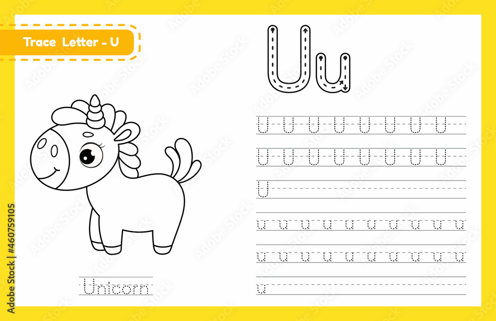 เวกเตอร์ Stock Trace letter U uppercase and lowercase. Alphabet tracing ...
