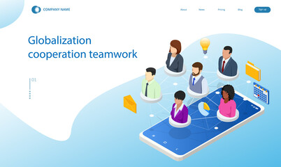 isometric business and networking concept social, business network. globalization cooperation teamwo