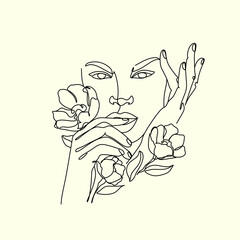 Abstract woman head with flowers line vector drawing. Flower Head One Line Art. Modern Gallery Wall. Botanical face vector. Minimal logo with girl magnolia. Florist Bauty salon minimalist logo