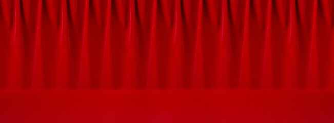 Wall Mural - Rich classic abstract theatre scene with red silk curtains with smooth waves as banner for website. Empty stage background, banner for design of header, showing, presentation of produce.