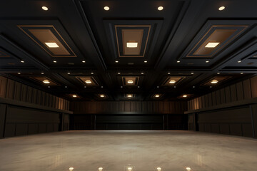 Empty convention hall center .The backdrop for exhibition stands,booth elements. Meeting room for the conference.Big Arena for entertainment,concert,event. ballroom.3d render.