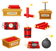 Dynamite bombs set. Red dynamite sticks, detonator box and bomb with wick vector illustration