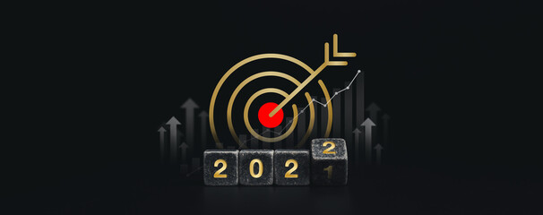 Poster - 2022 Happy New year and successful concept banner with big golden goal target icon symbol on the gold 2022 numbers on flipping black dice blocks with uprising arrows on dark background, minimal style.