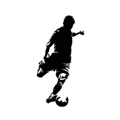 Wall Mural - Soccer player kicking ball, footballer shoots and scores a goal, isolated vector silhouette, ink drawing, front view