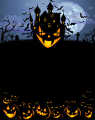 Wall Mural - Halloween background with scary pumpkins, Dracula castle and various silhouettes of flying bats against full moon