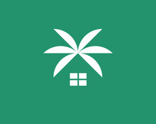 Abstract Home With Roof From Palm Tree Leaves Symbol Logotype. Minimalistic Beach House, Villa, Bungalow With Palm Leaf Logo Design.