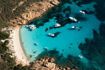 Wall Mural - View from above, stunning aerial view of Mortorio island with a beautiful white sand beach and some boats and yachts floating on a turquoise, crystal clear water. Sardinia, Italy.