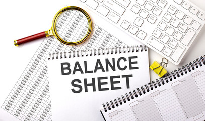 Poster - BALANCE SHEET text written on a notebook on chart with keyboard and planning