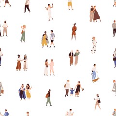 Fototapete - Seamless pattern with people walking on city street. Endless repeating background with crowd of different men and women outdoors. Society texture design. Colored flat vector illustration for printing