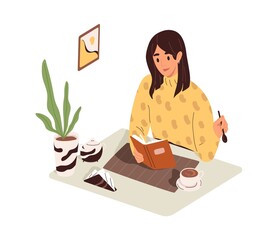 Poster - Woman reading book, sitting at table with coffee cup in morning. Person resting with literature and tea at leisure. Female with novel in hands. Flat vector illustration isolated on white background