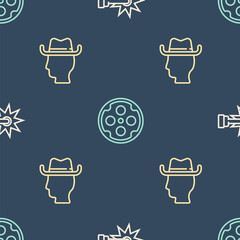 Poster - Set line Spur, Cowboy and Revolver cylinder on seamless pattern. Vector