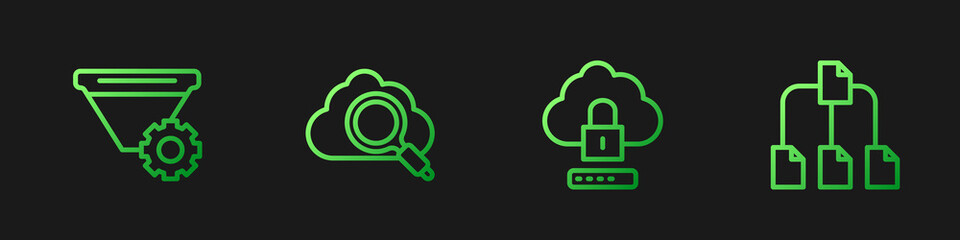 Aufkleber - Set line Cloud computing lock, Filter setting, Search cloud and Folder tree. Gradient color icons. Vector