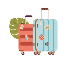 Wheel luggage for travel. Modern suitcases with handle, baggage tags and stickers. Holiday bags. Tourists packages. Flat vector illustration isolated on white background