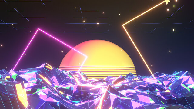 3d rendered neon glossy terrain with glowing tubes, stars and sunset.