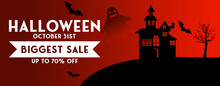 Halloween Sale Banner With Ghost, Bat And Haunted House. Red Halloween Theme Sales Poster