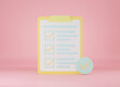 Clipboard checklist, survey paper list check marks report document on pink background, sign symbol web site design icon, 3D rendering illustration