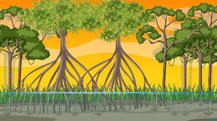 Wall Mural - Nature scene with Mangrove forest at sunset time in cartoon style