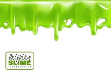 Wall Mural - Green slime dripping. Toxic drips slimy isolated on white background, goo flow and mucus fluid. Liquid decoration borders 3d halloween frame. Banner or poster vector realistic illustration